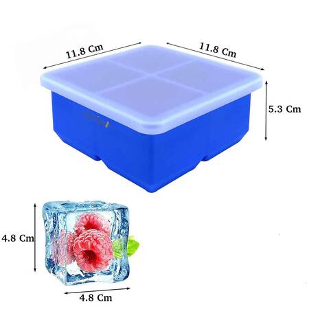 Eysigo Silikon Çok Amaçlı Büyük Boy 4'lü Küp Buz Kalıbı, Kapaklı, Koyu Mavi