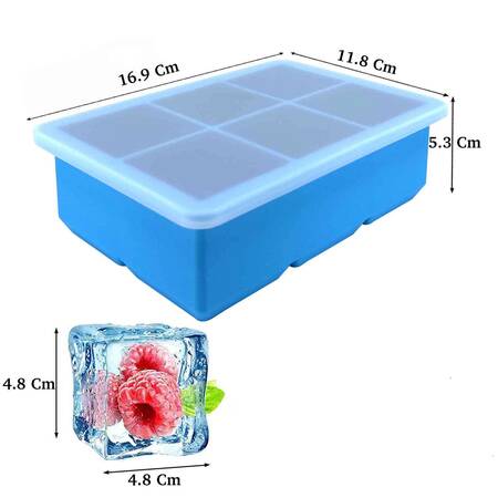 Eysigo Silikon Çok Amaçlı Büyük Boy 6'Lı Küp Buz Kalıbı, Kapaklı, Mavi