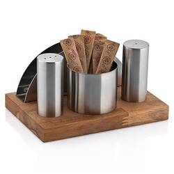 Groovy - Groovy 4 Lü Ahşap Standlı Yuvarlak Tuzluk Peçetelik Şekerlik Takımı Mat