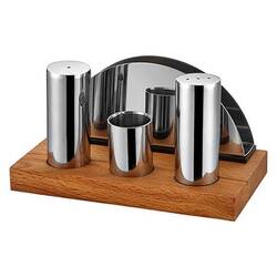 Groovy - Groovy 4 Lü Ahşap Standlı Yuvarlak Tuzluk Peçetelik Takımı Parlak