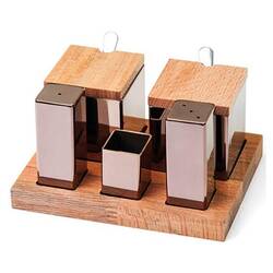 Groovy - Groovy 5 Li Ahşap Standlı Kare Tuzluk Baharatlık Takımı Bakır Renk