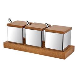 Groovy - Groovy Ahşap Standlı 3 Lü Kare Baharatlık Takımı Parlak