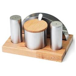 Groovy - Groovy Ahşap Standlı 4 Lü Yuvarlak Tuzluk Baharatlık Takımı