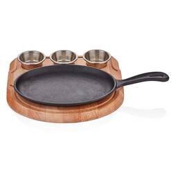 Altınbaşak - Oval Saplı Döküm Demir, Fajita Seti, Ahşap Nihale 21x15 Cm